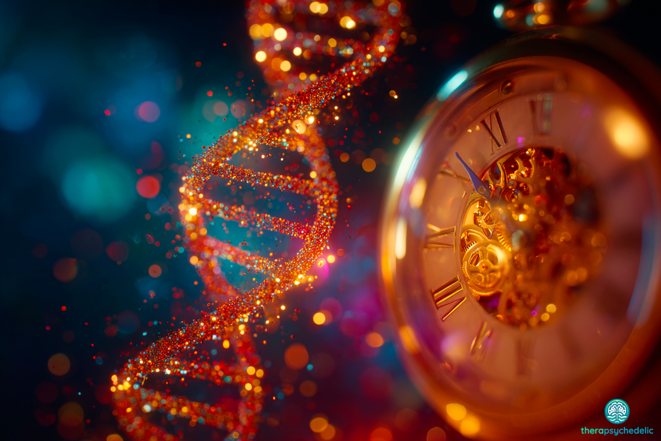 Métaphore visuelle du vieillissement biologique : une hélice d'ADN étincelante et un mécanisme de montre dorée vintage avec chiffres romains, contre un fond de bokeh coloré.
