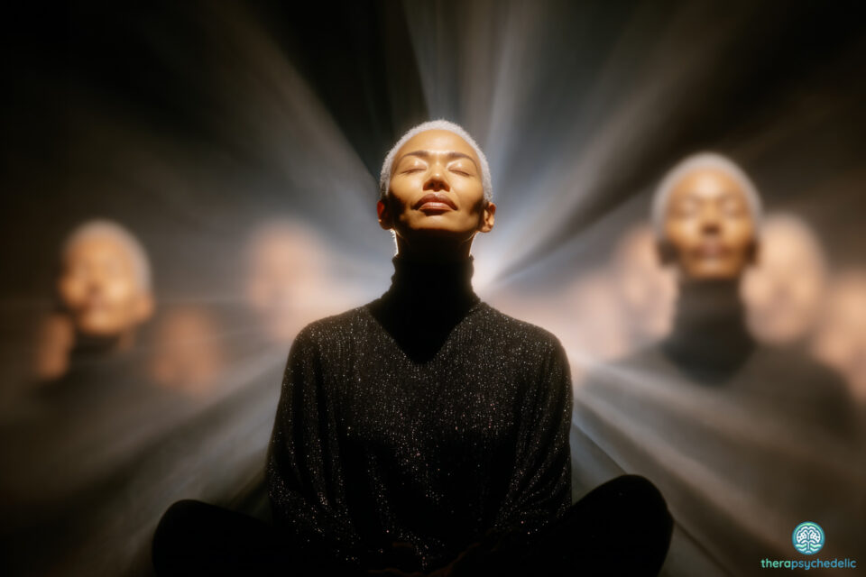 Portrait artistique d'une personne sereine avec un effet de halo lumineux. Des doubles flous apparaissent en arrière-plan pour symboliser la richesse intérieure et la complexité des profils neurodivergents (HPI/Dys).