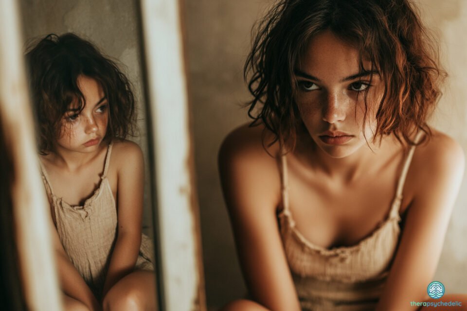 Portrait d’une jeune femme au regard intense, assise face à un miroir, illustrant le poids de la honte liée au traumatisme. Visuel utilisé pour un article sur l’approche thérapeutique encadrée des psychédéliques.