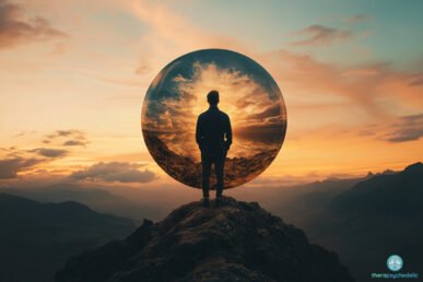 Un homme debout au sommet d’une montagne, faisant face à une sphère transparente reflétant un ciel tourmenté, symbole d’introspection, de transformation et de perception élargie.
