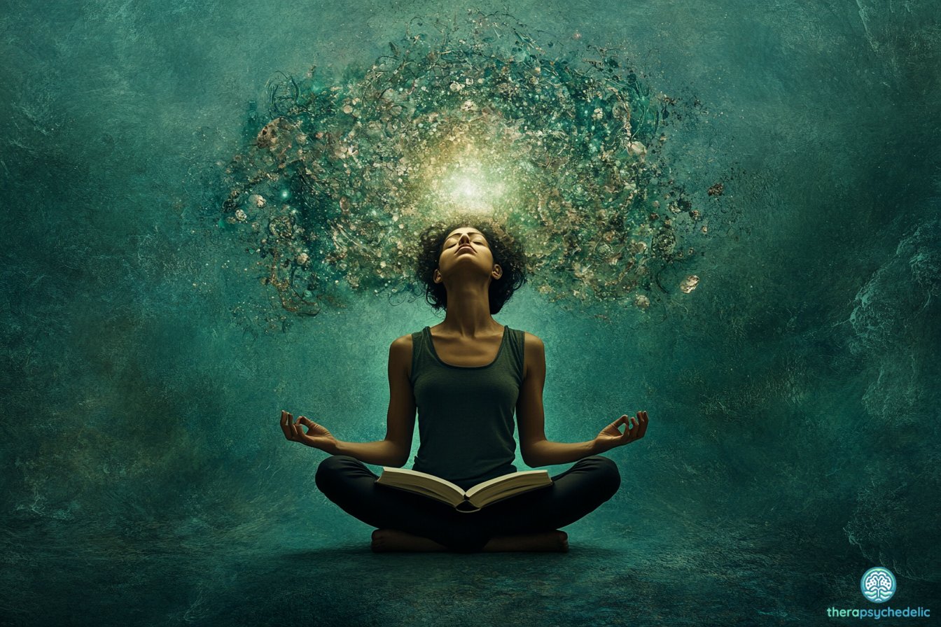 Femme en méditation dans un environnement aquatique avec explosion de lumière dorée symbolisant la transformation de conscience par les psychédéliques