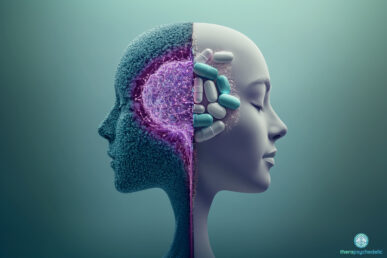 Une image artistique d'un visage humain divisé en deux moitiés. La moitié gauche représente un cerveau avec des connexions neuronales lumineuses et une texture "mousse", symbolisant la neuroplasticité et les aspects psychédéliques. La moitié droite montre des pilules et des capsules, représentant les analogues non-hallucinogènes. L'image illustre le débat entre l'approche thérapeutique basée sur l'expérience et celle basée sur la pharmacologie pure pour la santé mentale.