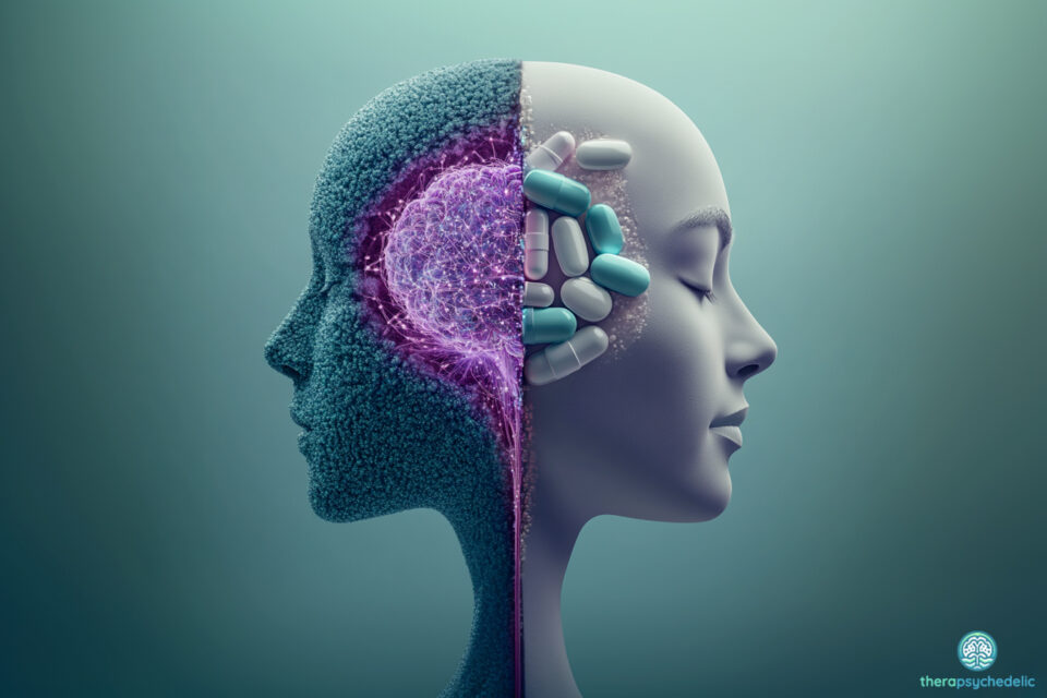 Une image artistique d'un visage humain divisé en deux moitiés. La moitié gauche représente un cerveau avec des connexions neuronales lumineuses et une texture "mousse", symbolisant la neuroplasticité et les aspects psychédéliques. La moitié droite montre des pilules et des capsules, représentant les analogues non-hallucinogènes. L'image illustre le débat entre l'approche thérapeutique basée sur l'expérience et celle basée sur la pharmacologie pure pour la santé mentale.