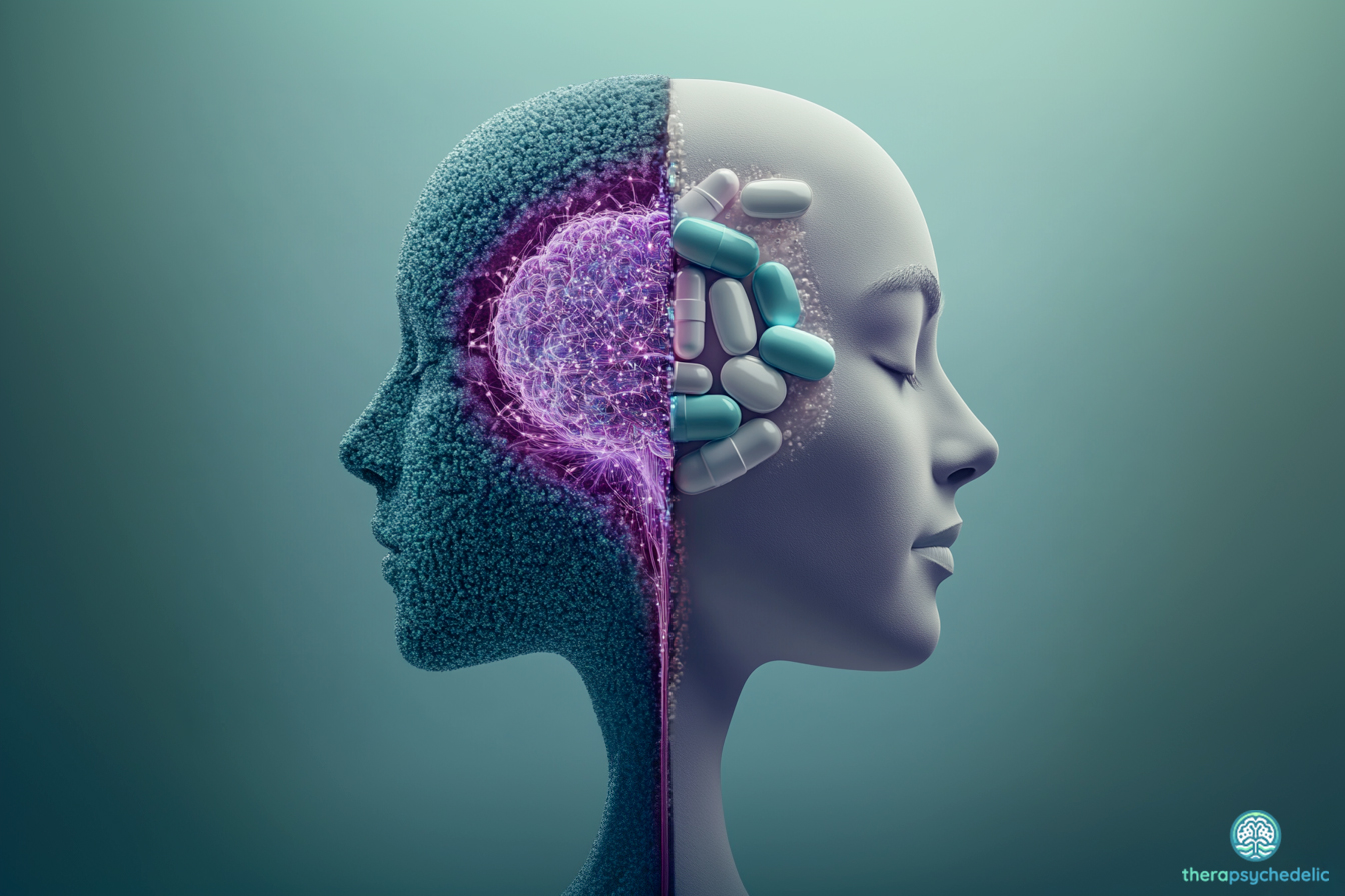 Une image artistique d'un visage humain divisé en deux moitiés. La moitié gauche représente un cerveau avec des connexions neuronales lumineuses et une texture "mousse", symbolisant la neuroplasticité et les aspects psychédéliques. La moitié droite montre des pilules et des capsules, représentant les analogues non-hallucinogènes. L'image illustre le débat entre l'approche thérapeutique basée sur l'expérience et celle basée sur la pharmacologie pure pour la santé mentale.