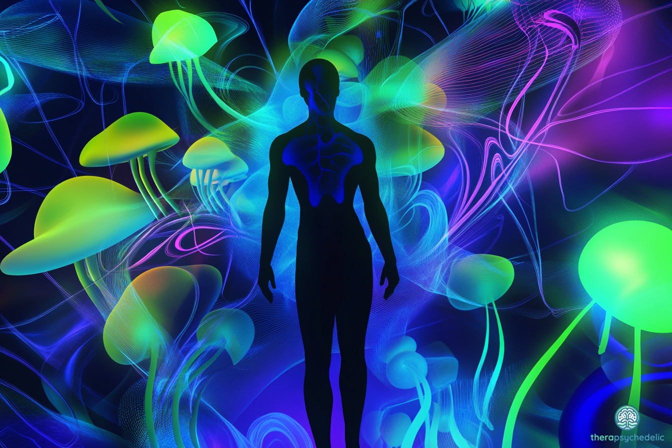 Silhouette humaine entourée de champignons lumineux, illustration symbolique des effets physiques d'une séance de psilocybine sur le corps