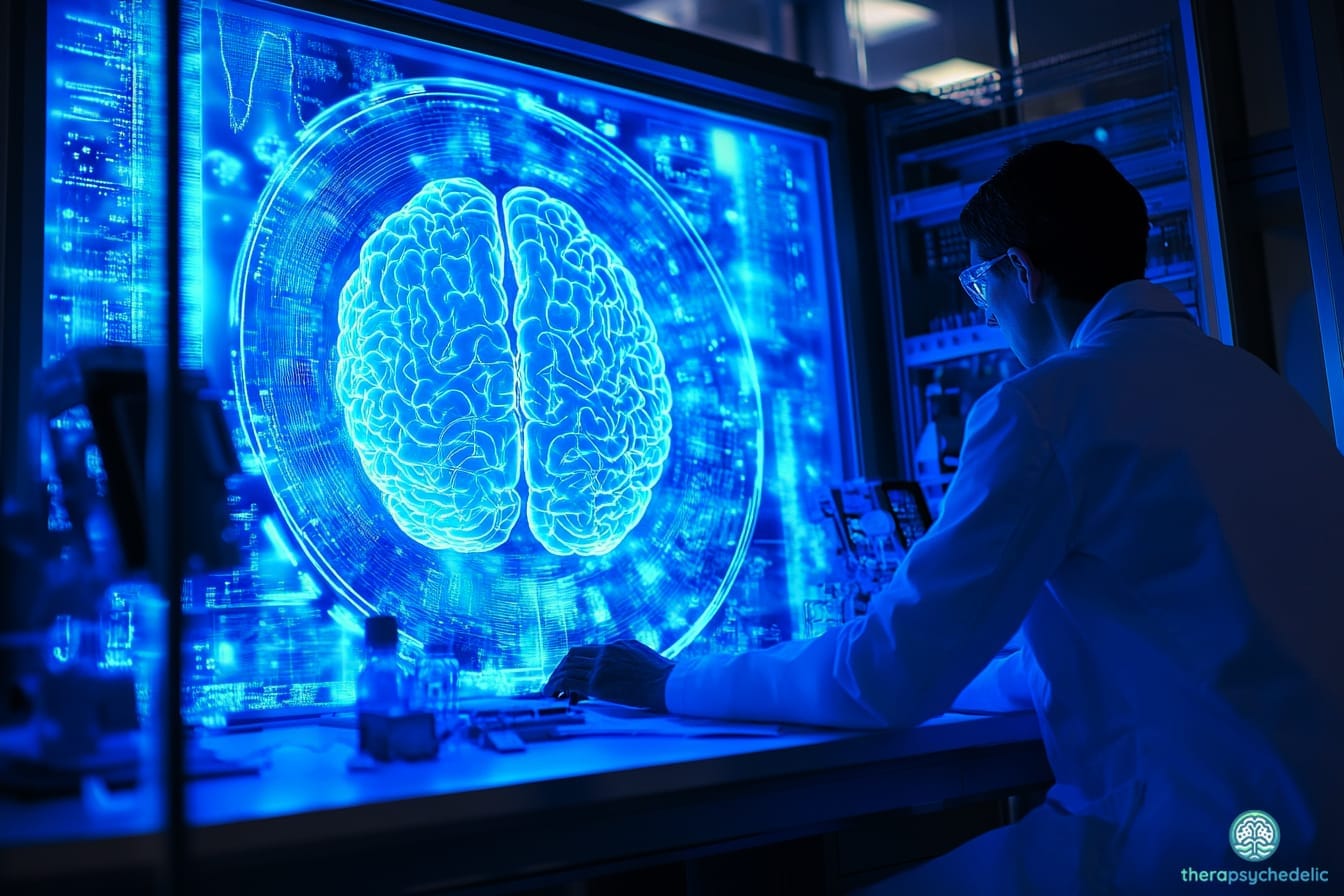 A medium shot of a researcher in a high-tech neuroscience lab, surrounded by advanced brain imaging equipment, studying the brain’s emotional centers, with a focus on a holographic display of neural pathways, illuminated by soft blue light