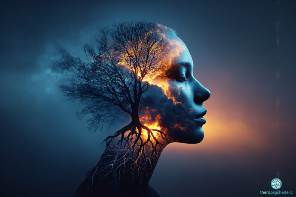 Silhouette d’un visage humain fusionné avec un arbre en feu, symbolisant la transformation intérieure et la reconfiguration émotionnelle par l’imagerie mentale et les psychédéliques.