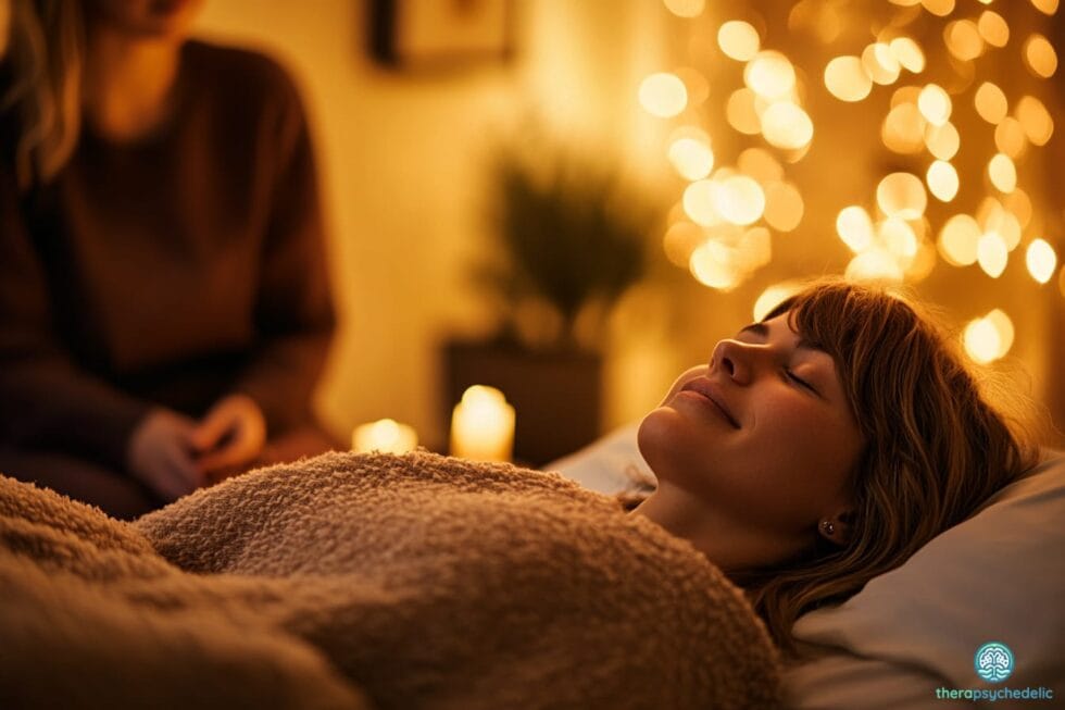 Une femme repose paisiblement sur un lit, les yeux fermés, dans une pièce éclairée par une lumière douce et des guirlandes lumineuses. Un thérapeute, en arrière-plan flou, semble veiller sur elle dans un cadre thérapeutique confortable et sécurisant, illustrant un environnement optimal pour une thérapie psychédélique.