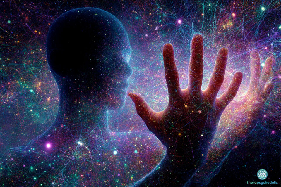 Silhouette humaine et main lumineuse reliées par un réseau neuronal cosmique, symbole du soi corporel dans les thérapies assistées par les psychédéliques.