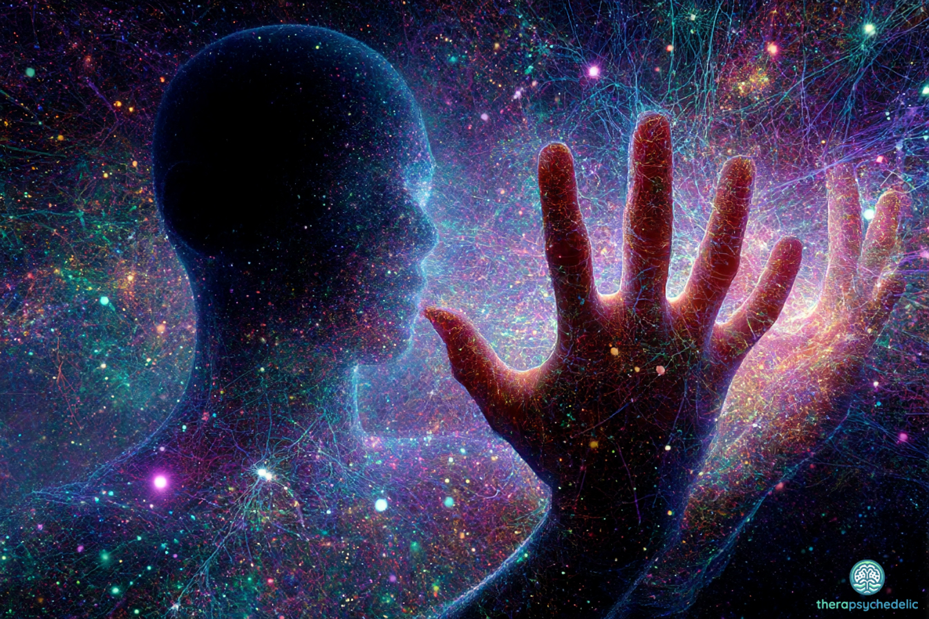 Silhouette humaine et main lumineuse reliées par un réseau neuronal cosmique, symbole du soi corporel dans les thérapies assistées par les psychédéliques.
