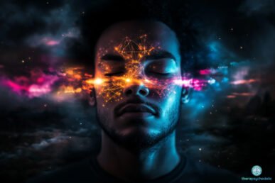 Visage aux yeux fermés dans un univers onirique, traversé par des flux lumineux symbolisant l’activité cérébrale pendant le sommeil sous psychédélique.