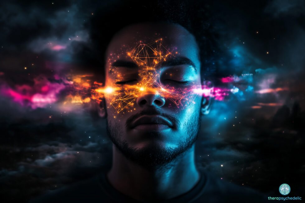 Visage aux yeux fermés dans un univers onirique, traversé par des flux lumineux symbolisant l’activité cérébrale pendant le sommeil sous psychédélique.