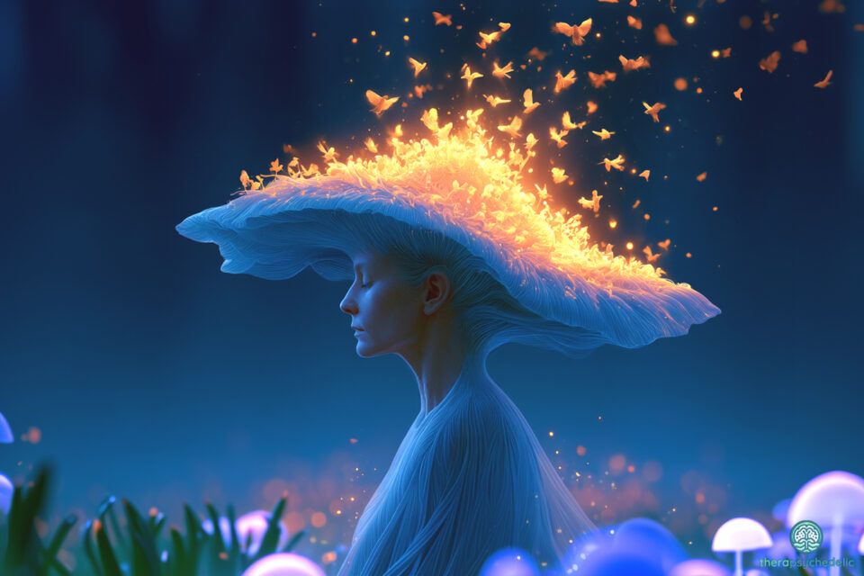 Profil serein coiffé d'un chapeau de champignon à psilocybine doré, libérant des papillons lumineux dans la nuit bleue, symbole de libération mentale.
