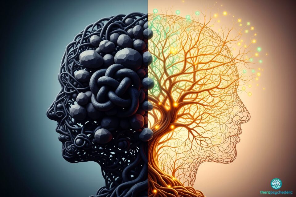 Illustration artistique divisée en deux parties symbolisant la transition mentale : à gauche, une tête humaine sombre remplie de nœuds complexes et de pierres grises représentant le stress et les blocages ; à droite, cette structure se métamorphose en un réseau lumineux et organique de branches dorées, illustrant la neuroplasticité et la libération de l'esprit.