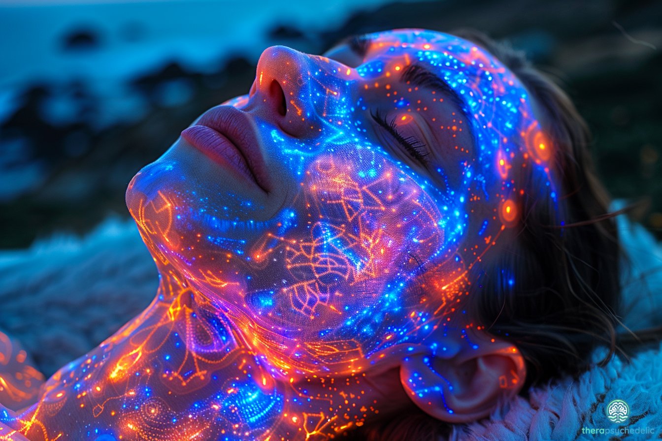 Femme allongée les yeux fermés, son visage illuminé par des motifs lumineux bleus et orangés évoquant des connexions neuronales ou cosmiques, dans un paysage nocturne flou en arrière-plan.