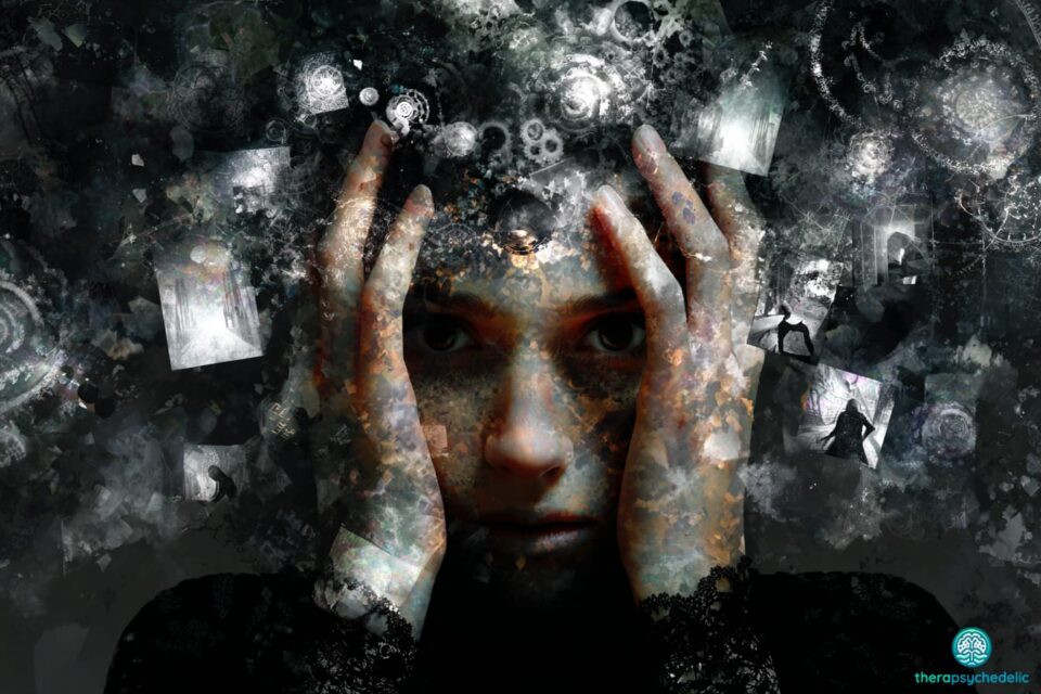 Illustration d'un visage tourmenté entouré d'un nuage chaotique de souvenirs fragmentés et de symboles abstraits, symbolisant le choc ontologique , l'anxiété générale et les perturbations du concept de soi pouvant survenir comme difficultés prolongées après l'usage de psychédéliques