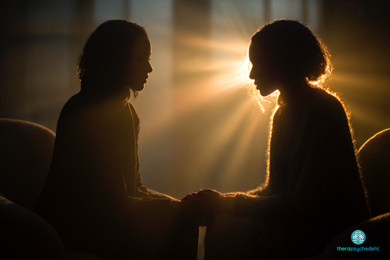 Silhouettes de deux personnes se tenant la main dans la pénombre, éclairées par une lumière dorée intense en arrière-plan, symbolisant le partage intime et le soutien social après une expérience thérapeutique profonde.