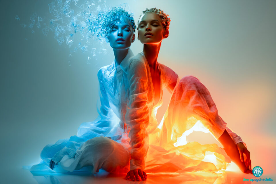 Illustration stylisée du profil d'une tête humaine remplie de motifs lumineux de racines et de fleurs abstraites, symbolisant les révélations mentales, la cognition et l'introspection lors d'une séance de thérapie assistée par les psychédéliques.