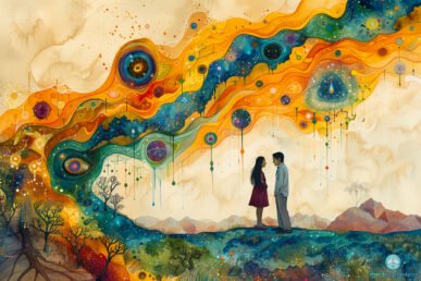 Thérapie de couple psychédélique : un couple se faisant face, leur connexion émotionnelle et leur univers intérieur symbolisés par une vague artistique et colorée.