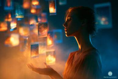Femme de profil tenant dans sa main des photographies lumineuses et flottantes, évoquant la fragilité et la reconstruction des souvenirs traumatiques en thérapie psychédélique.