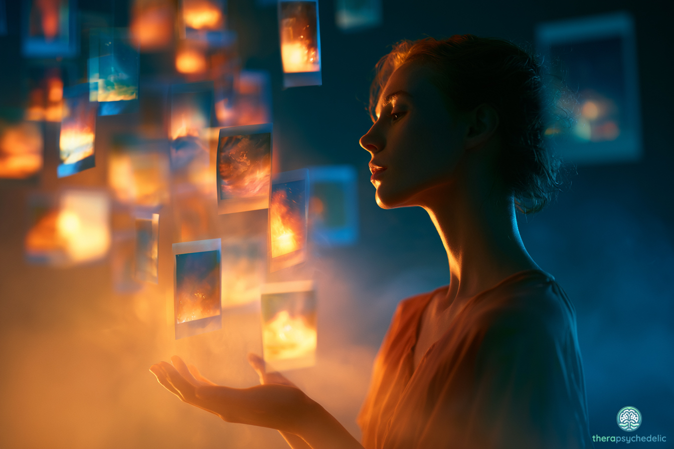 Femme de profil tenant dans sa main des photographies lumineuses et flottantes, évoquant la fragilité et la reconstruction des souvenirs traumatiques en thérapie psychédélique.