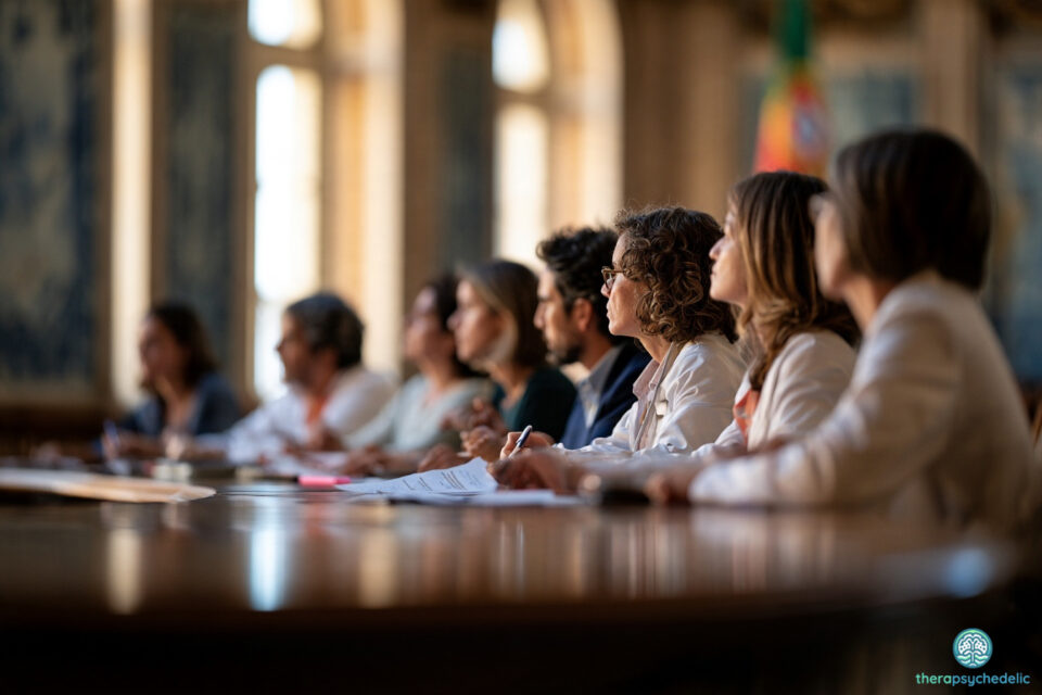 Professionnels de santé réunis dans une salle solennelle au Portugal pour définir un cadre aux thérapies psychédéliques