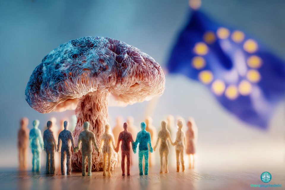 Représentation symbolique des thérapies psychédéliques en Europe : une communauté se tient la main autour d'un champignon psilocybe devant le drapeau européen.