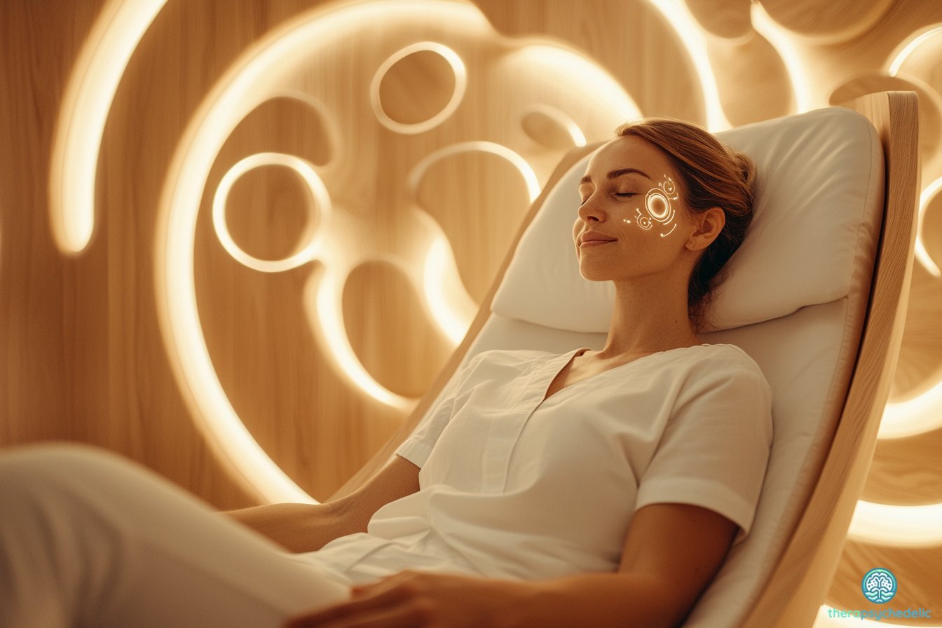 Femme allongée dans un environnement thérapeutique futuriste aux formes organiques dorées, portant des capteurs technologiques sur le visage, illustrant l'intégration de l'intelligence artificielle dans les thérapies psychédéliques modernes