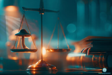 Balance de la justice avec un champignon à psilocybine face à des livres de droit, symbole de la légalisation des thérapies psychédéliques en France