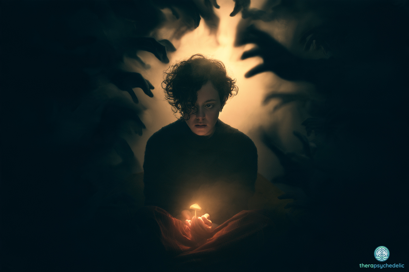 Silhouette entourée de mains sombres et menaçantes, tenant un champignon de psilocybine lumineux au creux des mains, entre peur et espoir de guérison