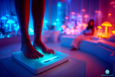 Gros plan sur les pieds d'une personne sur une balance connectée lumineuse, dans une ambiance thérapeutique futuriste aux tons bleus et rouges avec des champignons fluorescents en arrière-plan, illustrant le traitement à la psilocybine pour la perte de poids.