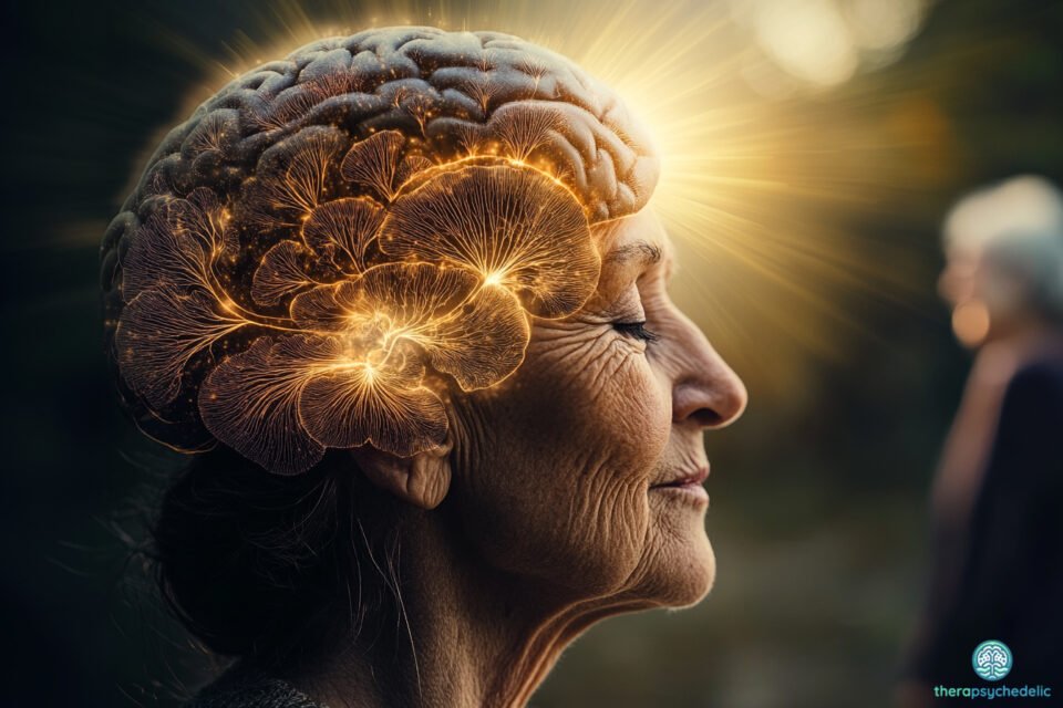 Portrait d’une femme âgée les yeux fermés, avec une visualisation lumineuse et stylisée de son cerveau, suggérant l’activité neuronale et la plasticité cérébrale.