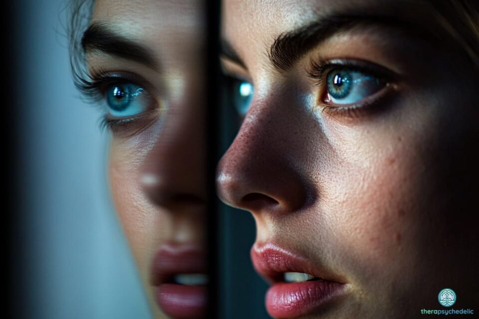 Gros plan sur une personne légèrement tournée vers le miroir, dont le reflet est déformé par des traits de visage exagérés et des couleurs ternes, alors que son vrai visage est lisse et harmonieux, éclairé par des tons clairs naturels, symbolisant le contraste entre les défauts perçus et la réalité.