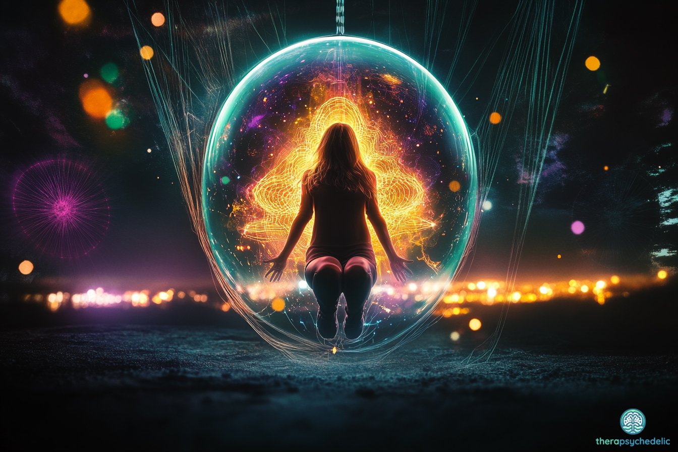 Une femme en suspension dans une sphère lumineuse, face à un motif psychédélique en forme de mandala incandescent, dans un univers nocturne vibrant de lumières colorées. La scène évoque la fragilité et la puissance d’une expérience psychédélique sécurisée.