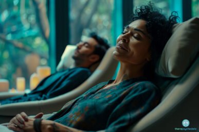 Femme et homme se relaxant paisiblement dans des fauteuils inclinables, dans un environnement calme et sécurisant évoquant une séance de thérapie.